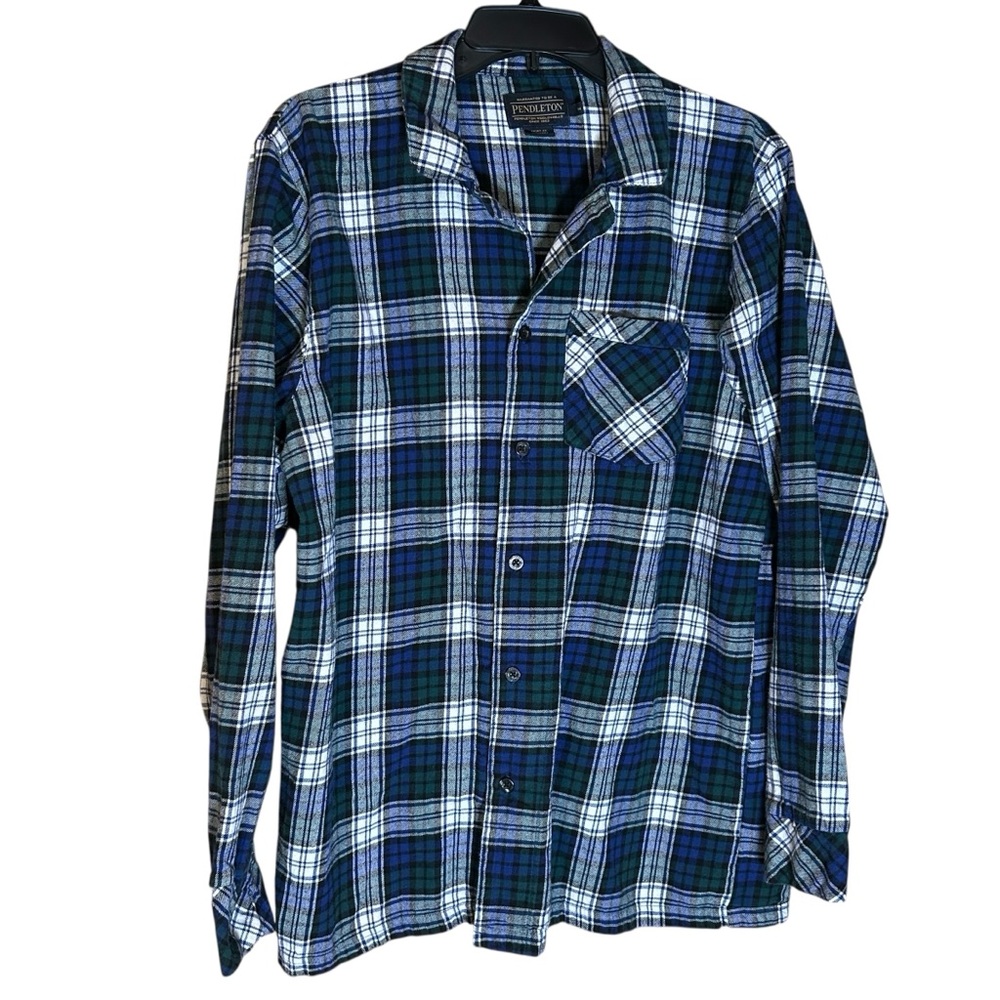 Pendleton‎ Mens Blue Plaid Flannel Pajama Top Shirt Button Up Medium Cotton